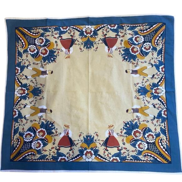 Dutch Boy & Girl Floral Print Blue & Ivory Square Card Table Cloth or Tapestry - Picture 1 of 7